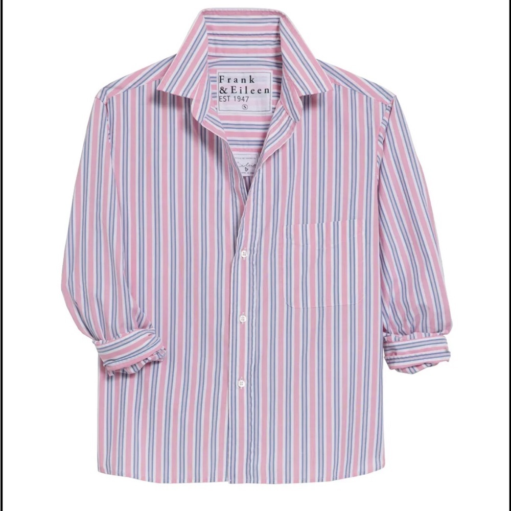 Frank & Eileen Barry Tailored  Pink and Gray Striped Cotton Blouse - XS